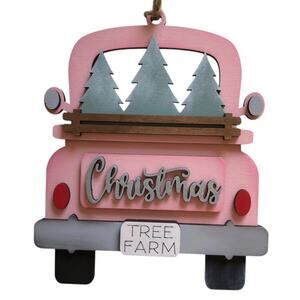 Whimsical Pink “Christmas Tree Farm” Truck Ornament - Pink Hand Painted Wood